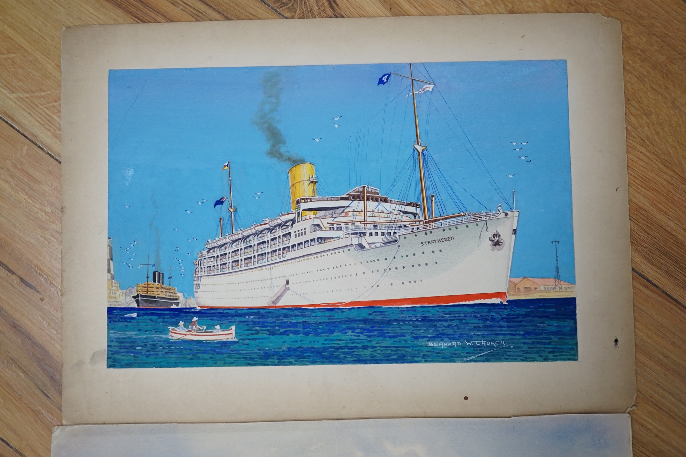 Bernard W. Church (20th. C), two original watercolours for postcard designs, ocean liners, ‘Normandie, France Line,’ & ‘Stratheden, P&O Line’, each signed, unframed, 25 x 36cm. Condition - fair to good